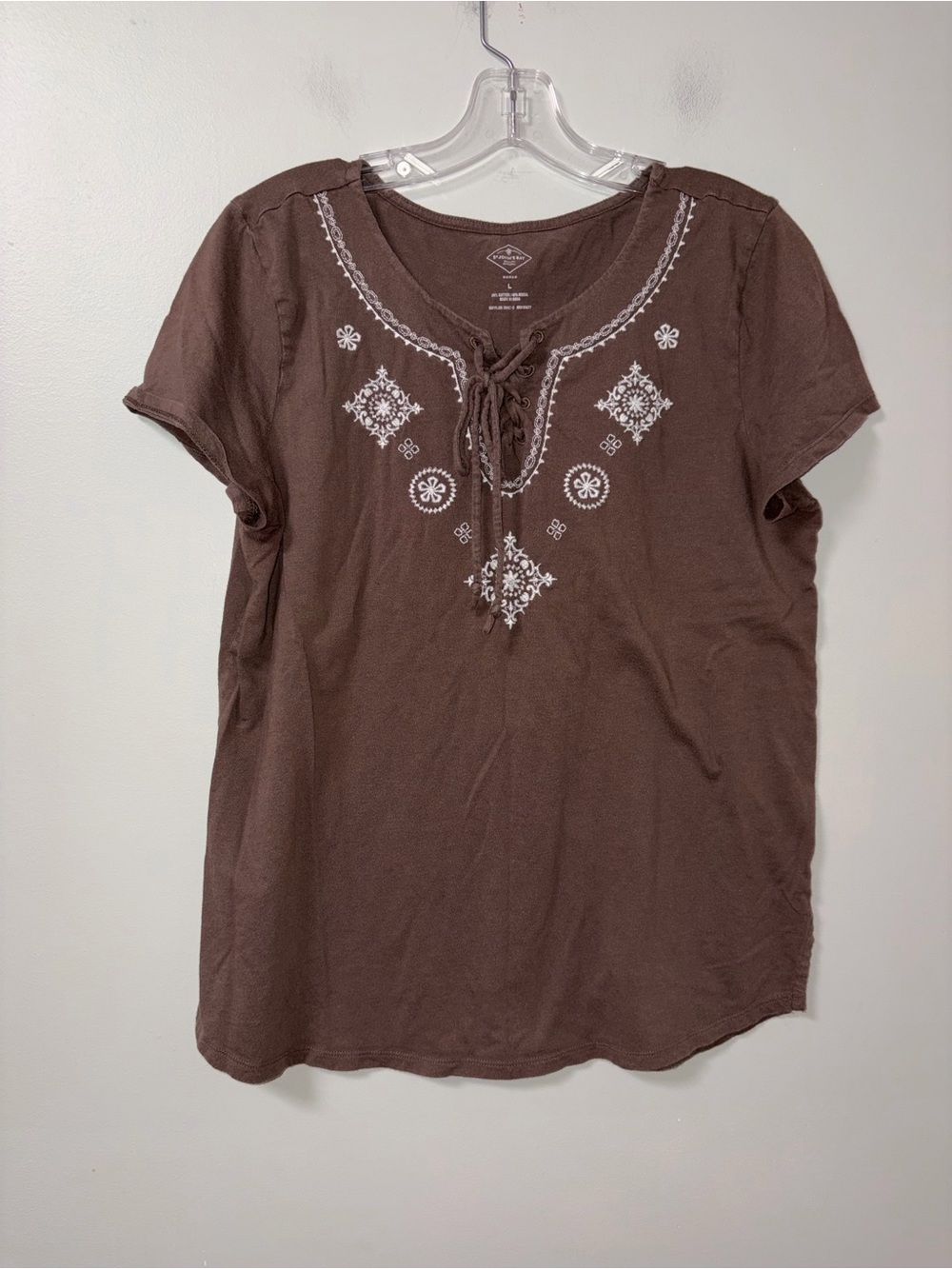 St John’s Bay Brown Tie Front Embroidered Top L
